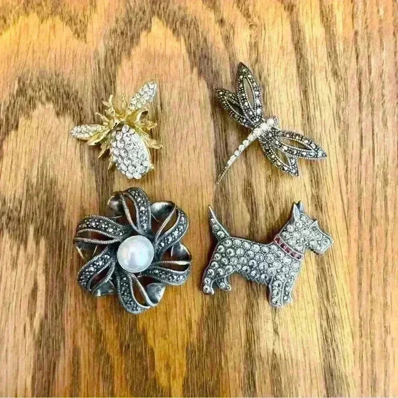 Set Vintage Silver Gold Pearl Hematite Brooch Pins Dragon Fly Westie Bee Flower - Picture 8 of 8